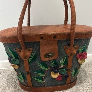 Patricia Nash Denim and Leather Flowers Box Style Handbag; Very Gentle Use, Exc